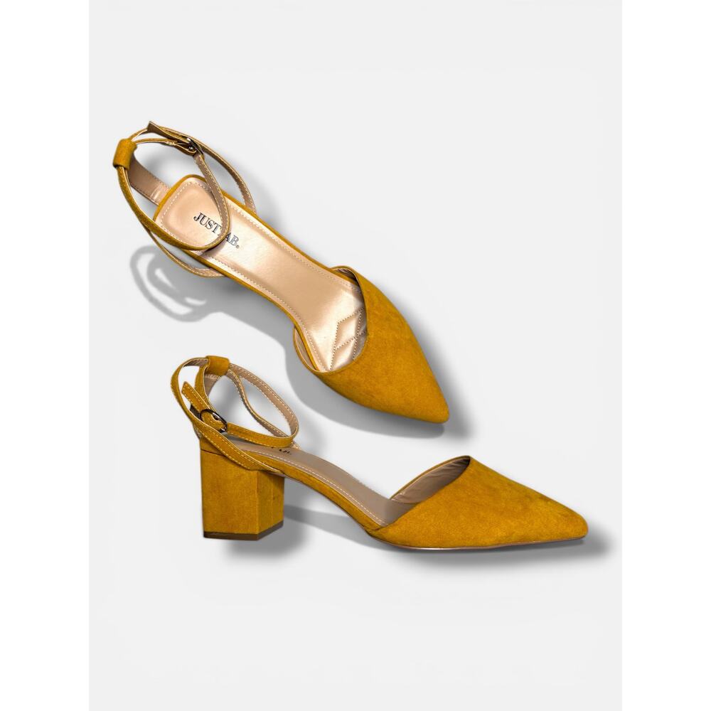 JustFab Dixie Ankle Strap Heels Size 11 Gold Yellow Block Heel pointed Toe